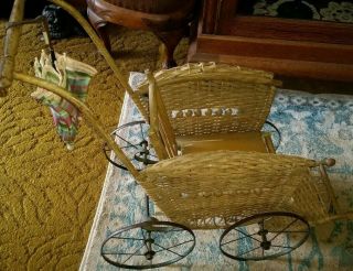 Antique Wicker/rattan Doll Stroller/carriage With Silk Parasol,  Adjustable Back