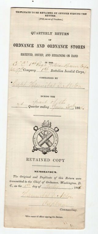 1864 Ordnance Return Capt Norton Co C,  1st Regiment Volunteer Reserve Corps