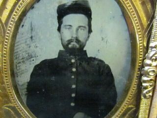 Civil War Soldier Purple Glass Ambrotype Photograph Behind A Military Metal Mat