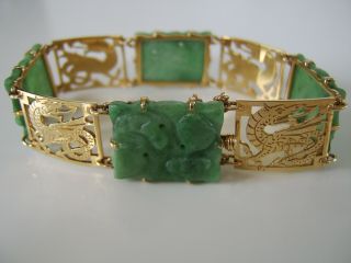 Absolutely Stunning Chinese Antique 15ct Gold Dragon Carrved Jade Bracelet