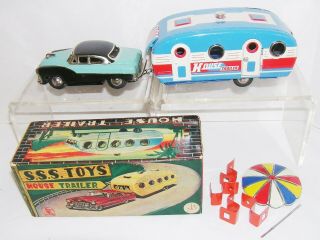 Vintage Japan Sss Tin Friction Toy Cadillac W/ House Trailer Box S1038