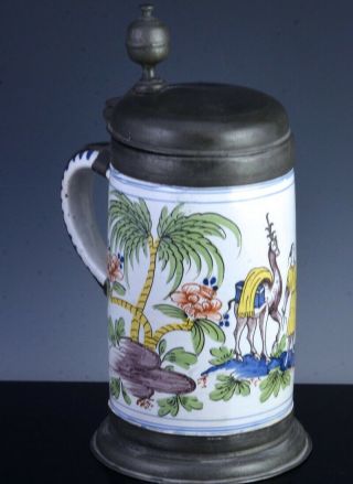 Large 18thc Fayence Majolica Beer Tankard Stein Landscape With Camel Figure