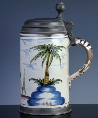 EARLY LARGEc1781 FAIENCE MAJOLICA FIGURE SCENIC BEER TANKARD STEIN PEWTER MOUNTS 3