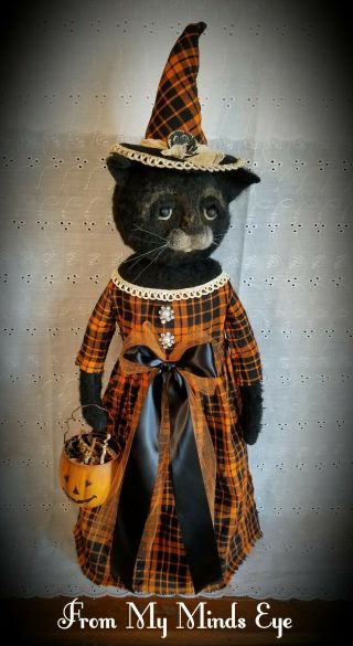 ☆primitive Folkart Halloween Fall Signed Black Cat Witch W/jol Pail Doll Decor ☆