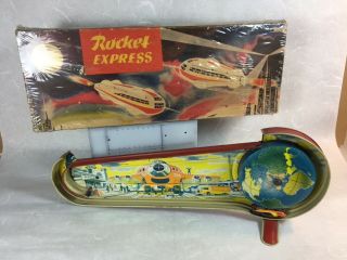 Vintage Technofix Rocket Express Tin Wind - Up Toy W/ 1 Car Germany Boxi