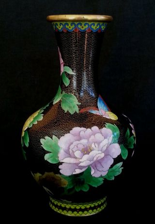 Vintage Chinese Large Cloisonne Vase " Butterfly & Flowers " 10.  5 " Tall
