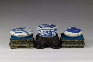 19/20th,  3 ‘blue And White’chinese Porcelain Seal Paste Boxs And Covers