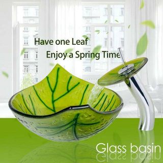 Us Green One Leaf Bathroom Tempered Glass Vessel Sink Waterfall Faucet Set