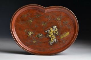 Japanese Meiji Period Mixed Metals Tray With Silver & Gold Man & Flowers