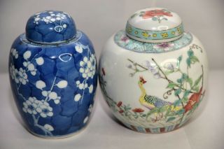 Antique Chinese Porcelain Blue & White And Famille Rose Ginger Jars