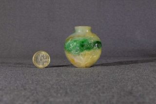 Chinese Jade Snuff Bottle,  Spinach Green,  White And Russet,  Peonies.