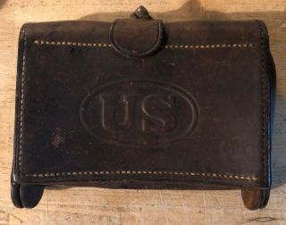 Vintage Us Civil War Leather Ammo Pouch Box Belt Loops Brass Hinge Rivets