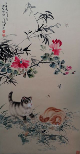 K879 Chinese Hand Painting Scroll " Cat " By Cao Kejia 曹克家 王雪涛 Wang Xuetao