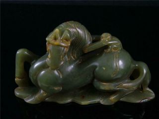 Fine Old Chinese Celadon Nephrite Jade Statue Monkey On Horse Auspicious