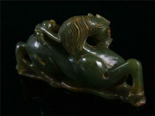 Fine Old Chinese Celadon Nephrite Jade Statue MONKEY ON HORSE AUSPICIOUS 3