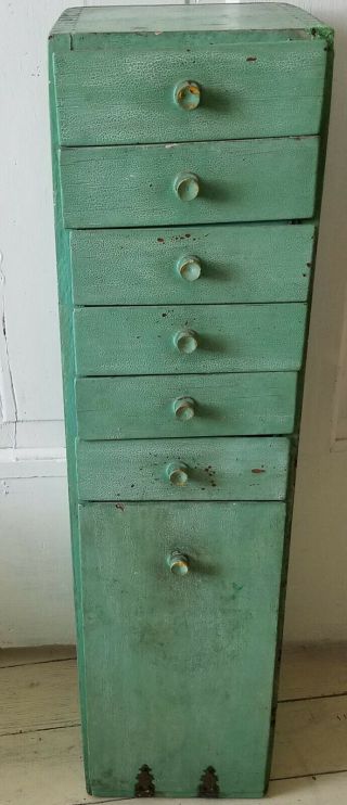 Old Folk Art Spice Chest Hand Made From Wooden Cream Cheese Boxes.  Green Paint
