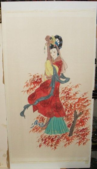 Huge Japanese Geisha Girl Floral Blossom Watercolor On Silk Painting Unsigned
