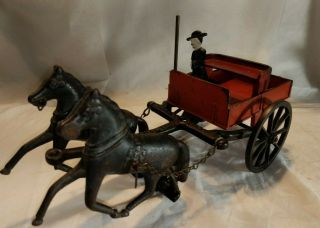 Vintage 1890 Carpenter Toy Cast Iron Two Horse Dump Cart 4