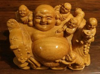 Rare Hand Carved Wood Sitting Happy Buddha Statue With Climbing Children