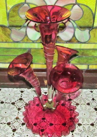 Antique Victorian Cranberry 4 Horn Epergne W/ Glass Rigaree Late 1800 