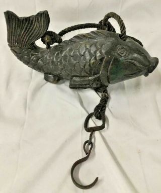 Antique Japanese Wood Koi Fish Jizai Kagi Hearth Hook Carved Vintage Carp 16 "