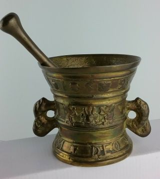 Antique Late 17th Century Dutch? Large Brass Ornate Mortar & Pestle 3
