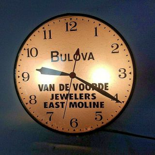 Vintage Bulova Watch Jeweler Light Up Electric Wall Clock.  East Moline,  Il.