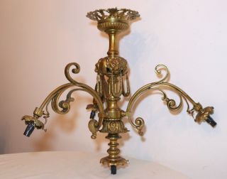 Antique Victorian Figural Lion Head Ornate Brass Ceiling Fixture Chandelier