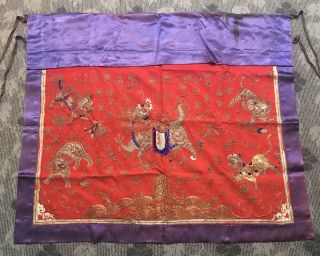 Massive Antique Chinese Textile Embroidery Wall Hanging With Foo Loin