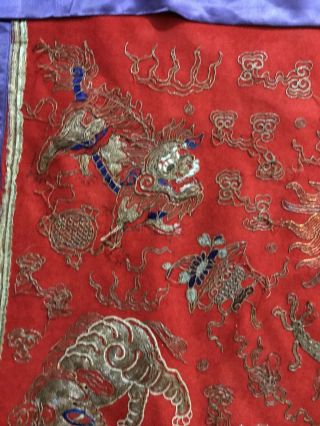 MASSIVE ANTIQUE CHINESE TEXTILE EMBROIDERY WALL HANGING WITH FOO LOIN 6