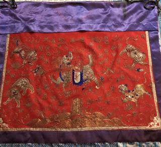 MASSIVE ANTIQUE CHINESE TEXTILE EMBROIDERY WALL HANGING WITH FOO LOIN 9