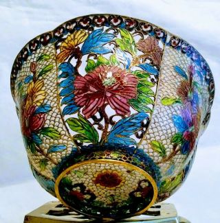 Antique Japanese Plique - A - Jour Floral Pattern Vitreous Enamel Cloisonne Bowl
