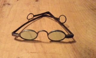 Antique Metal Frame Spectacles With Blue Tinted Lenses - Hinged To Form The Head?