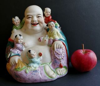 Antique 8 " Chinese Porcelain Happy Laughing Buddha Bisque Famille Rose Enamels