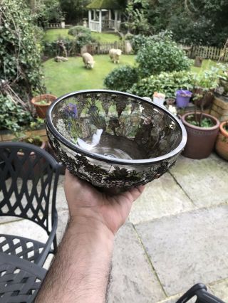 Antique 19th C Japanese Chinese Meiji Solid Silver Enamel & Crystal Large Bowl 12