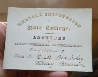 Antique Medical Institution Of Yale College Lecture Card 1844 Rare