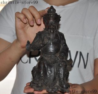 Antique Chinese Pure Bronze Dragon Sit Guan Gong Yu Guangong Warrior God Statue