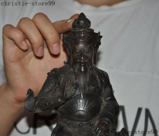Antique Chinese pure Bronze Dragon sit Guan Gong Yu Guangong Warrior God Statue 2