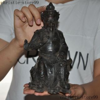 Antique Chinese pure Bronze Dragon sit Guan Gong Yu Guangong Warrior God Statue 4