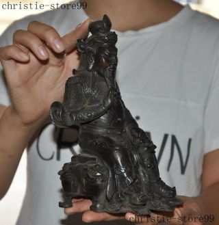 Antique Chinese pure Bronze Dragon sit Guan Gong Yu Guangong Warrior God Statue 5