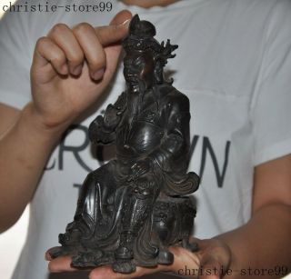 Antique Chinese pure Bronze Dragon sit Guan Gong Yu Guangong Warrior God Statue 7