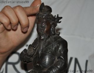 Antique Chinese pure Bronze Dragon sit Guan Gong Yu Guangong Warrior God Statue 8