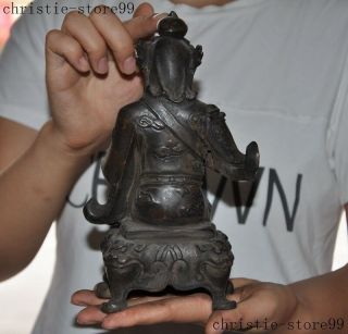 Antique Chinese pure Bronze Dragon sit Guan Gong Yu Guangong Warrior God Statue 9