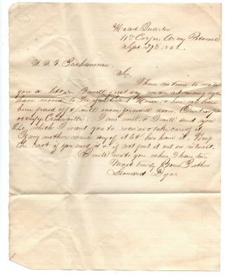 Head Quarter Army Of The Potomac Military Civil War Letter 1862