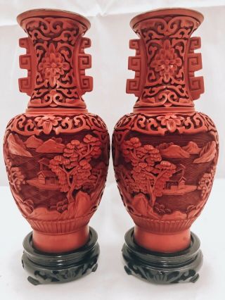 Old Cinnabar Lacquer Chinese Red Vases / Blue Enamel Inside/asian Art