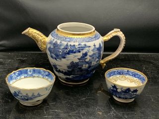 Antique Chinese Porcelain Blue And White Teapot And 2 X Cups 18th Century (3)