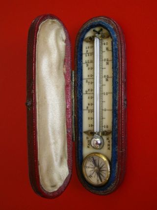 A Miniature Antique Leather Cased Travelling Thermometer & Compass By Pritchard