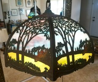 Attributed To Miller / Royal Art Glass Co Art Nouveau Scenic Slag Swag Lamp 1912