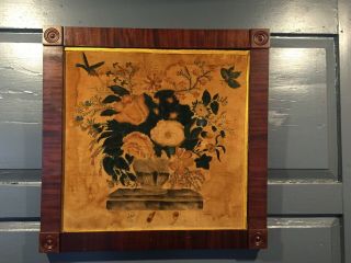 1800s SIGNED EJG American Antique Folk Art Theorem VELVET 19th C.  FLOWERS BIRD 4