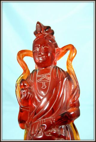 Colossal " Rare Hand Carved Chinese Amber Resin Kwan Yin " (17.  5 " H X 5.  75 " W)